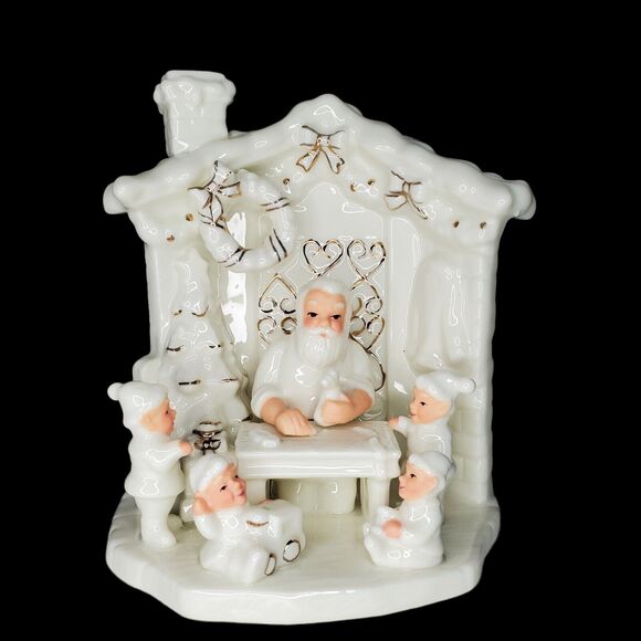 Santa Elf Toy Workshop White Gold Christmas Porcelain North Pole - Picture 1 of 8